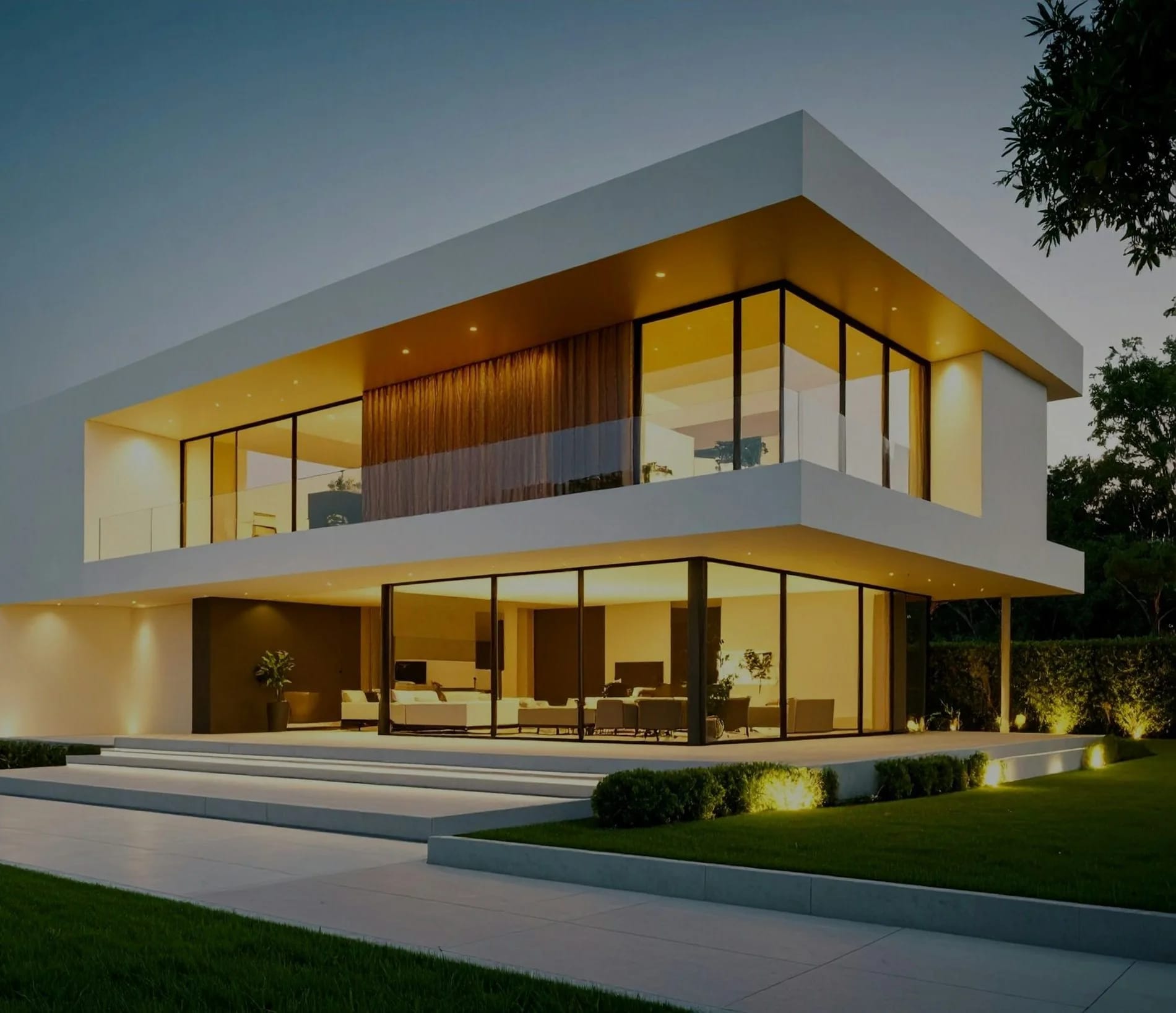 A modern home at dusk with warm light in the windows